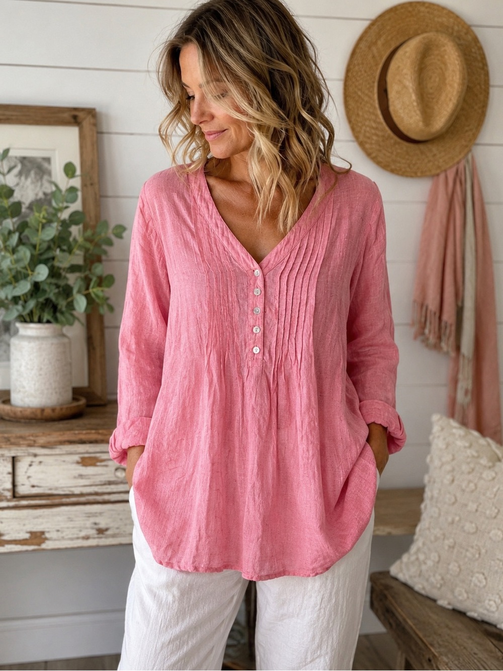 Sigrid Olsen 100% Linen Coral Tunic Blouse Pintuck V Neck Womens 2X